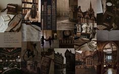 a collage of images with people and buildings in them, including bookshelves