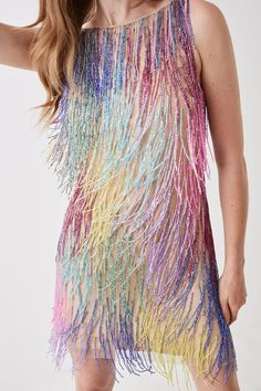 High-octane rainbow beads swathe the entire surface of this mini dress for a spellbinding finish. In a classic shift silhouette with a scoop back, this design brings the fun to the party. Made from embellished sequins: exquisitely ornated with hand-sewn beads, this luxurious fabrication has a heavyweight feel, encasing your figure for a sculptural silhouette. Every unique pattern is created exclusively in-house by a team of artists. Level of stretch: none. This dress fastens with a rear concealed zip. Model is 5ft 7in/1.75m and wears a size UK10. Birthday 27, Coast Fashion, Fringe Mini Dress, Dirty 30, Fringe Dress, Disco Party, Beaded Fringe, Jewel Neck, Dance Floor