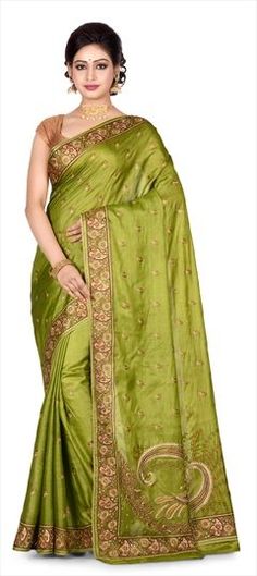 Green color Saree in Banarasi Silk, Silk fabric with Thread work Pista Green Art Silk Embroidered Fabric, Pista Green Embroidered Dola Silk Fabric, Green Art Silk Fabric With Embroidered Border, Green Banarasi Silk Saree With Embroidered Border, Green Color Saree, Traditional Saree, Traditional Sarees, Thread Work, Silk Fabric