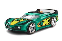 a green toy car with flames on it