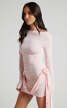 Flirty Long Sleeve Mini Dress For Prom, Flirty Bodycon Mini Dress For Evening, Glamorous Ruched Mini Bodycon Dress, Ruched Mini Length Bodycon Dress For Prom, Feminine Ruched Mini Dress For Cocktail, Glamorous Ruched Bodycon Mini Dress, Flirty Evening Bodycon Dress, Feminine Pink Stretch Mini Dress, Pink Stretch Mini Dress Feminine Style