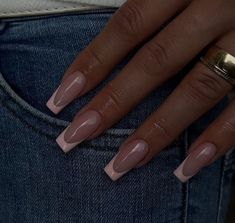 Light Pink French Tip Nails Ballerina, Small Coffin French Tip Nails, Acrylic Nails Plain Color Simple, Simple Gel Nails Coffin, Coffin Nails Pink French Tip, One Line French Nails, Pink Coffin French Tip, Think French Tip Nails, Nail Ideas Medium Length French Tip