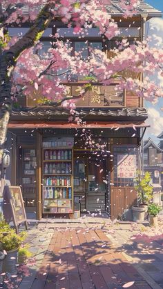 a painting of a store with pink flowers on the tree