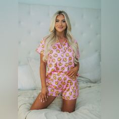 These Three Boutique Smiley Pajamas. New. Missed Return Window. Sold Out Online. Thesethree Cute Relaxed Fit Sleepwear, Fitted Short Sleeve Sleepwear For Pajama Party, Feminine Short Sleeve Loungewear Sets, Feminine Short Sleeve Sleep Sets, Smiley Pajamas, Satin Pajama, Satin Pajamas, Pajama Shirt, Shirt Color