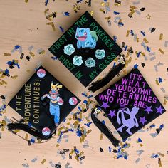 three graduation caps with confetti on them and one has the words, it's what you do that does not rimes who you are?