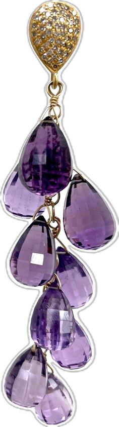 Elegant Wire Wrapped Briolette Teardrop Earrings, Purple Briolette Fine Jewelry Earrings, Luxury Purple Briolette Earrings, Luxury Amethyst Teardrop Earrings, Luxury Amethyst Dangle Earrings, Gold Amethyst Dangle Chandelier Earrings, Amethyst Multi-stone Briolette Earrings, Diamond Stud, Diamond Studs