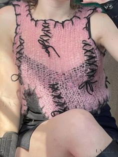 Lasaky - Y2K Kpop Drawstring Knitted Top: Fashionable, Sleeveless Crew Neck Tank Top for Women Oversized Knitted Jumper, Patchwork Crop Top, Slim Fit Crop Top, Streetwear Summer, Oversized Knitted Sweaters, Long Sleeve Knit Sweaters, Slim Fit Shorts, Pink Tank Top, Knit Vest