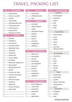 the travel packing list is shown in pink and white