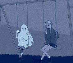 two people sitting on swings in the dark, one with a ghost face and another with a black cat