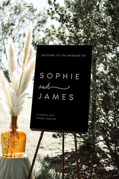 there is a sign that says, welcome to the wedding of sophiie and james