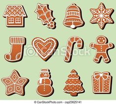 ginger cookies with different decorations on green background - food objects