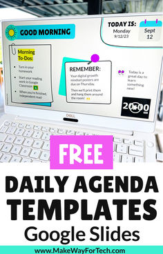 a laptop with the text free daily agenda templates for google slides on top and below