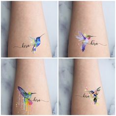 four pictures of different colored hummingbirds on the side of a woman's arm