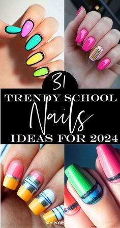 Teacher Nails Designs, School Nail Designs, Cutest Nails, Colourful Acrylic Nails