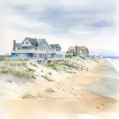 a watercolor painting of houses on the beach