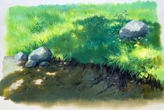 a painting of grass and rocks in the ground