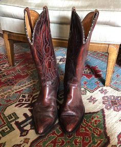 "Men's vintage J. Chisholm western cowboy boots. Handcrafted in the USA. The color is a rich dark red mahogany/burgundy brown. Classic styling. High quality hand hammered leather soles. These are first class, J. Chisholm are some of the best boots around. Great condition. Some wear at top edge see photos. Heels look a little worn but that's an easy fix.  Size Men's  9EE Heel height-1.75\" Insole-9.5\" Width-5.75\"" Classic Red Snip Toe Boots, Classic Red Boots For Rodeo, Red Snip Toe Boots For Western-themed Events, Vintage Moc Toe Boots For Rodeo, Vintage Brown Snip Toe Boots For Western-themed Events, Vintage Moc Toe Boots For Western-themed Events, Vintage Boots For Western-themed Events With Moc Toe, Western Burgundy Boots With Round Toe, Western Style Burgundy Boots With Round Toe