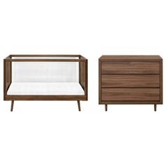 the baby crib and dresser are shown in two different colors, one is brown