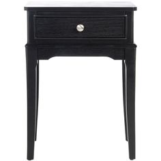 an end table with a marble top and two drawers on one side, in black