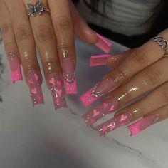 Baddie Long Press On Nails – Juneptune Ongles Bling Bling, Pink Coffin, Glitter French Tips, Glitter Rosa, Valentine Nails, Heart Nail