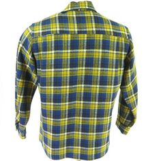 "Vintage 60s John Morley Plaid Camp Shirt M Blue Yellow Wool Button Front Pockets Brand: John Morley Size M Measurements: Chest: 22\" underarm to underarm Sleeve length: 24\" Length: 28\" from shoulder to hem Pre-owned No defects noted" Retro Collared Flannel Shirt With Button Closure, Retro Cotton Flannel Shirt With Button Closure, Retro Button-up Flannel Shirt, Vintage Collared Flannel Shirt With Buttons, Retro Long Sleeve Flannel Shirt With Button Closure, Vintage Button-up Flannel Shirt With Snap Buttons, Retro Collared Flannel Shirt, Vintage Snap Button Flannel Shirt, Vintage Plaid Tops With Snap Buttons