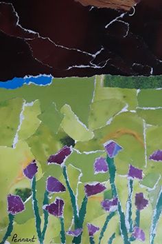 an abstract painting of purple flowers on green and brown paper with dark clouds in the background