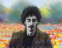 a digital painting of a man in a field of flowers with his eyes closed and mouth open