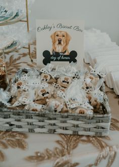 there is a dog treat basket on the table