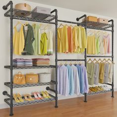 an organized closet with clothes and shoes