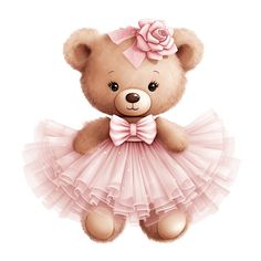 a brown teddy bear wearing a pink tutu with a rose on it's head