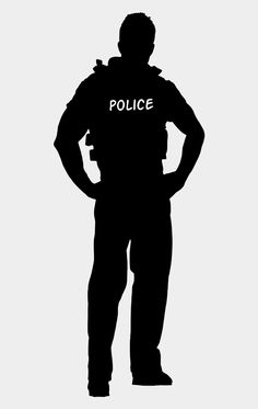 the silhouette of a police officer with his hands on his hips, standing in front of a white background