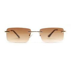 Achieve a subtle hipster look with these retro dad style narrow rectangle metal rim sunglasses. Unique retro sizing silhouettes and frameless construction will nicely compliment the vintage minimal look. Made with 100% UV400 polycarbonate lenses on a metal frame. Must have for this season! (b884) Size: 5 3/8" (137mm) x 1 1/4" (34mm).  Color: Gold.  Gender: unisex.  Age Group: adult. Dad Sunglasses, Sunglasses Unique, Dad Style, Hipster Looks, Dad Fashion, Minimal Look, Rimless Sunglasses, Gold Sunglasses, Brown Gold