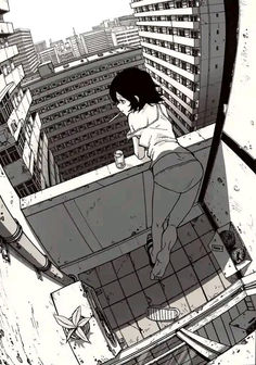 a woman sitting on top of a bath tub next to tall buildings