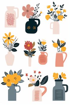 an assortment of vases with flowers and leaves in them on a white background illustration