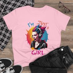 I'm Just a GIRL - T-shirt for a music festival or concert  - Women's Midweight Cotton Tee by WoodArtAudioCom on Etsy San Jose Ca, Girl T Shirt, Just A Girl, Womens Clothing Tops, A Girl