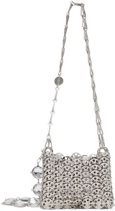 Polished chain mail-style shoulder bag in silver-tone brass. · Logo hardware at sliding shoulder strap · Detachable crystal-cut chain detailing at sides · Unlined · H4.5 x W6.5 x D1 Supplier color: Silver Fancy Bags, Chain Mail, Paco Rabanne, Brass Chain, Chain Strap, Chain Link, Silver Chain, Metallic Silver, Silver Tone