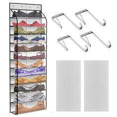 an over the door shoe rack with six pairs of shoes hanging from it's sides