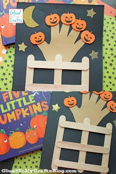 three halloween crafts made out of construction paper with pumpkins on the front and back