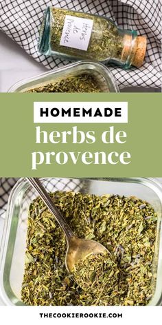 homemade herbs in a glass dish with a spoon on top and the title overlay reads homemade herbs de provene