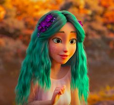 a girl with green hair and purple flowers in her hair is looking at the camera