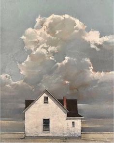 an oil painting of a white house in the middle of a field under a cloudy sky