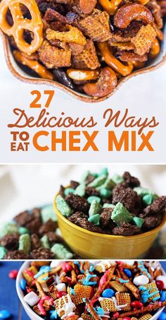 two pictures with different types of chex mix in them