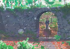 an artistic painting of a garden with stone walls