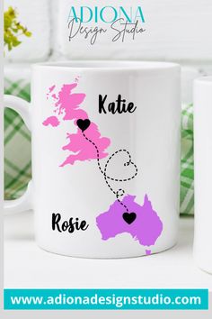 two coffee mugs with the words kate and rose printed on them, sitting next to each other