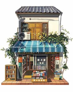 an image of a store front with books on the shelves and plants growing out of it