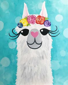 an alpaca with flowers on it's head is featured against a blue background