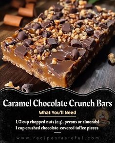 an advertisement for caramel chocolate crunch bars