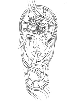 a drawing of a woman's face with her finger in her mouth and the clock above her head