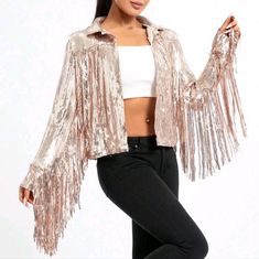 Pinkwomens Sequin Tassel Party Jacket With Open Front Bomber Composition: 100% Polyester Y2k Grunge Outfits, Party Jacket, Retro Disco, Party Jackets, Outwear Women, Glamorous Evening Gowns, Flowing Maxi Dress, Grunge Outfits, Blazers For Women