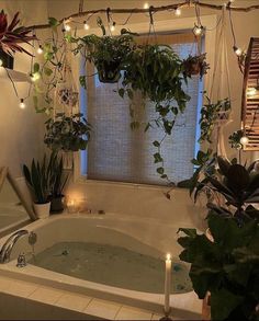 a bathtub filled with lots of plants next to a window covered in fairy lights